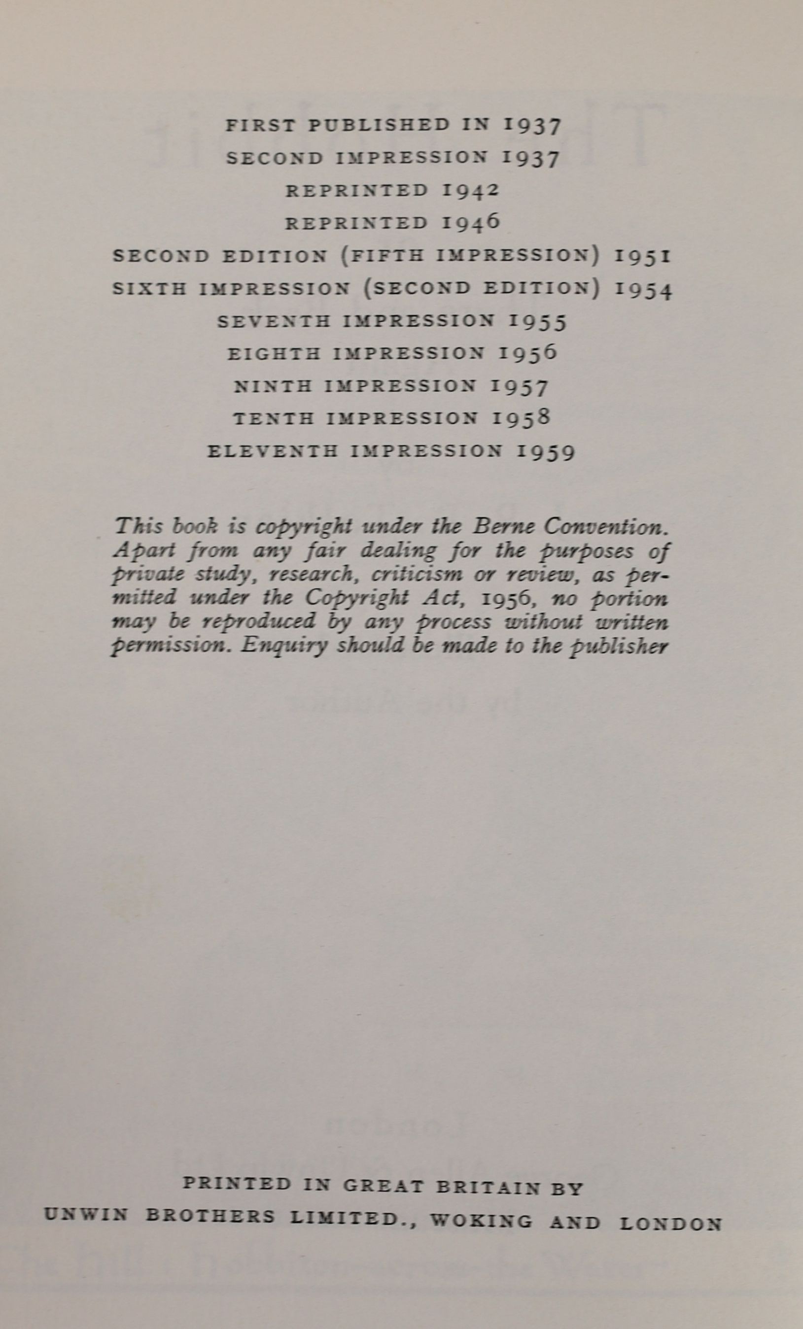 Tolkien, John Ronald Reuel - The Hobbit, 2nd edition, 11th impression, with colour frontispiece, map endpapers, original green cloth in unclipped d/j, with small loss to spine head and foot and a few edge tears, ownershi